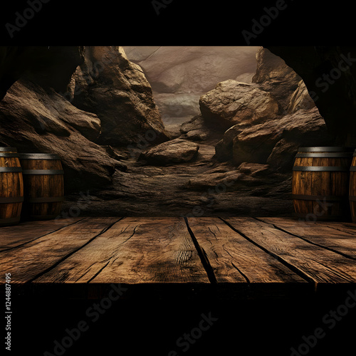 Wooden Table and Barrels in...