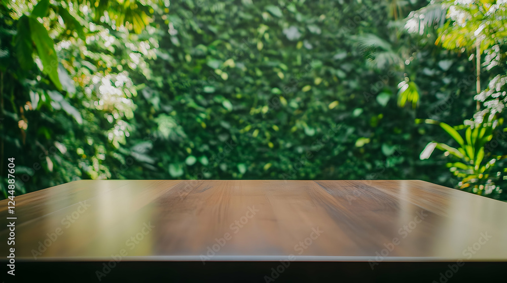 Fototapeta premium Empty Wooden Table Top with Blurred Green Leaves Background Creates a Natural and Serene Atmosphere.