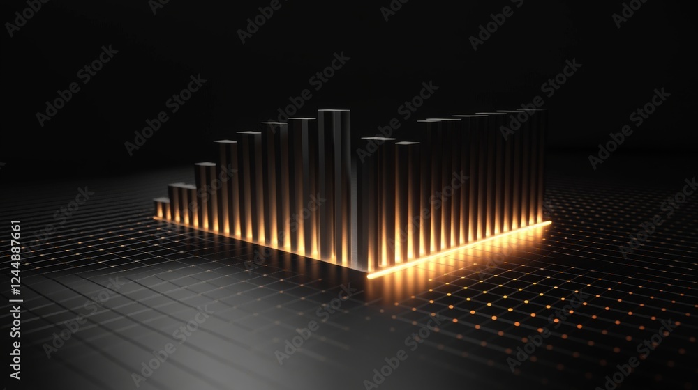 A dynamic D bar graph on a black background, with sleek metal bars, a glowing grid, and a futuristic feel, perfect for illustrating progress or trends.