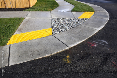 Obraz na plátně New cement sidewalk around a street corner with accessible disabled ramps, with