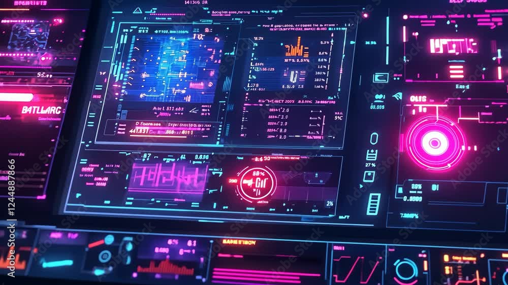 Futuristic control room interface in action with neon digital displays Futuristic control room interface in action with neon digital displays