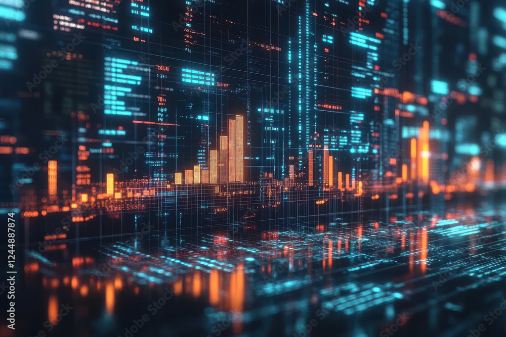 Fototapeta premium Futuristic digital financial data visualization with glowing graphs and analytics in a cyber technology style