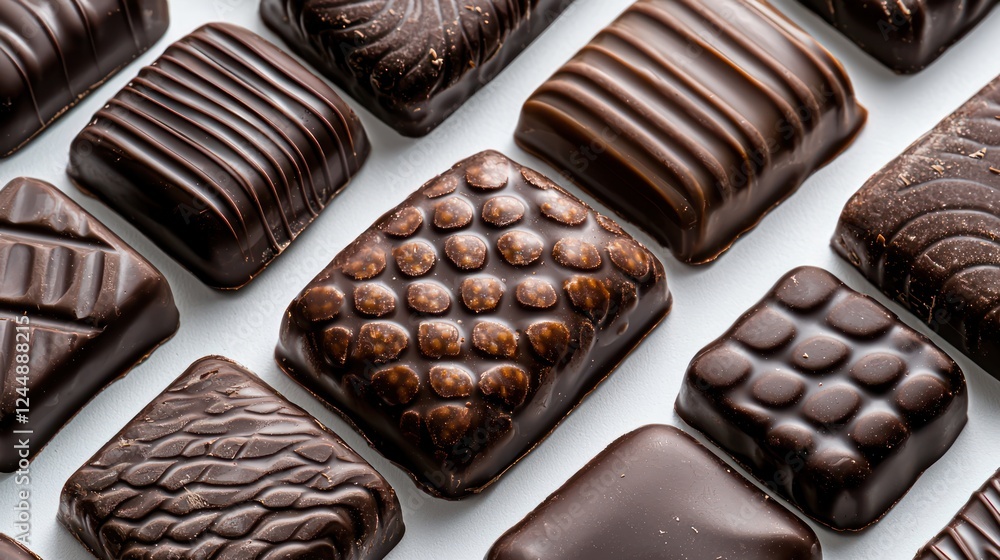 A variety of dark chocolate confections arranged aesthetically. A variety of dark chocolate confections arranged aesthetically.