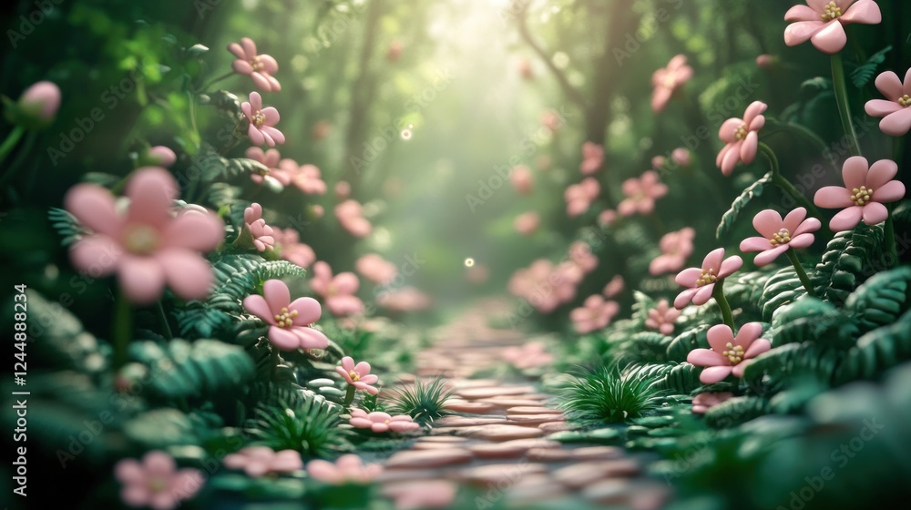 Sunlit path through enchanted forest with pink flowers. Sunlit path through enchanted forest with pink flowers.