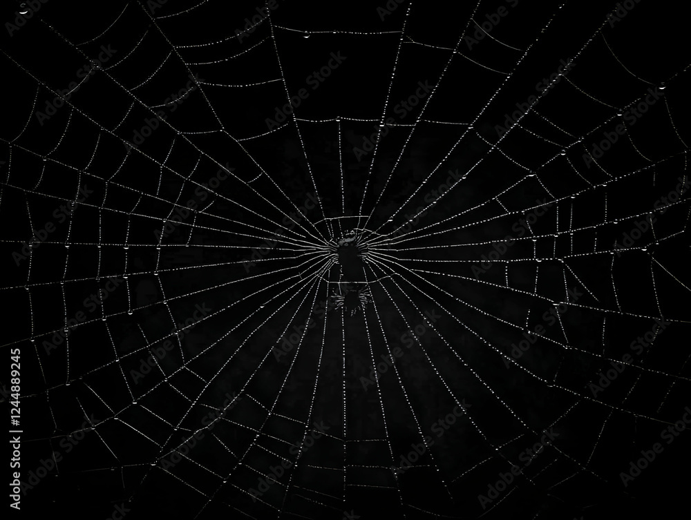Obraz premium Intricate Spiderweb Glistens with Dewdrops in the Dark of Night