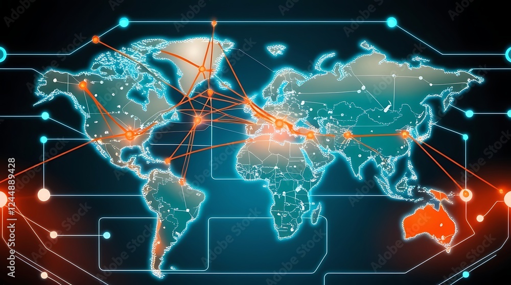 Advanced cyber network visualization with a digital world map, representing cloud computing, internet connectivity, AI-driven data flow, and technological advancements
Advanced cyber network visualization with a digital world map, representing cloud computing, internet connectivity, AI-driven data flow, and technological advancements
