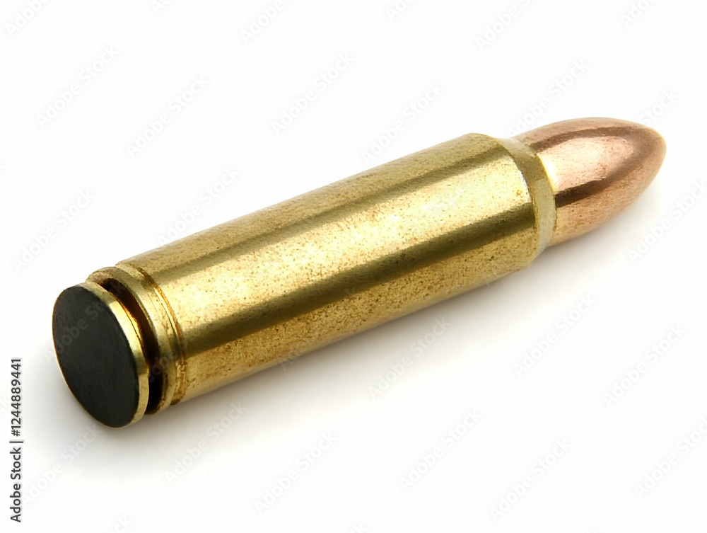 Single Bullet Lies on a White Background, Detailed Close-up View of the Cartridge Single Bullet Lies on a White Background, Detailed Close-up View of the Cartridge