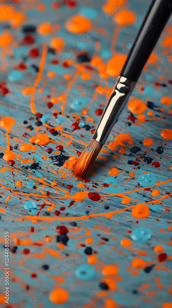 Paintbrush Creates Vibrant Abstract Art with Orange and Blue Splashes on Canvas Paintbrush Creates Vibrant Abstract Art with Orange and Blue Splashes on Canvas