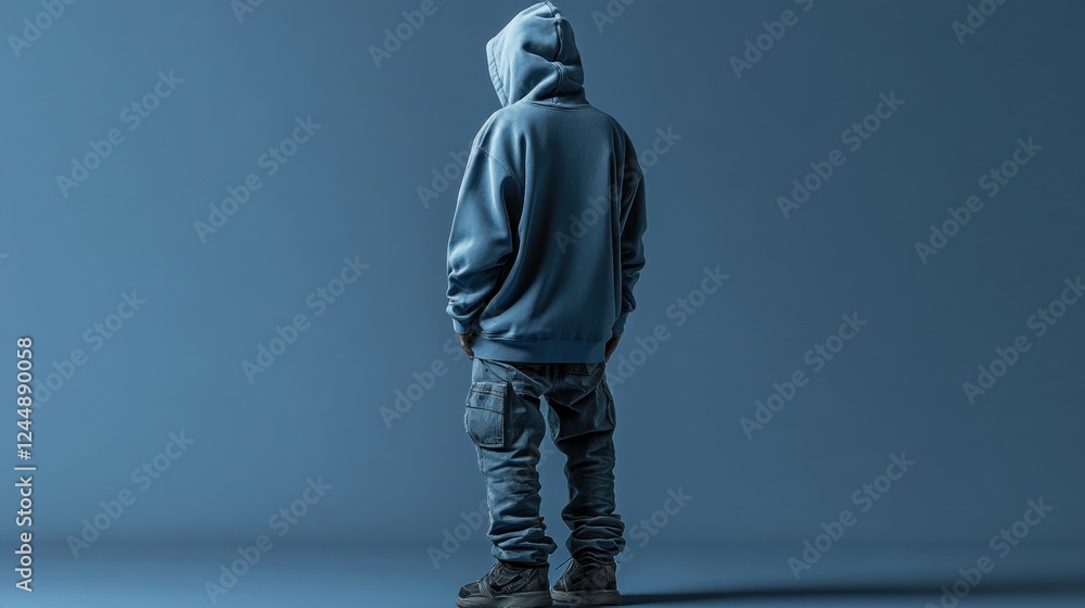 Rear view of a person wearing a blue hoodie and cargo pants against a blue background. Rear view of a person wearing a blue hoodie and cargo pants against a blue background.