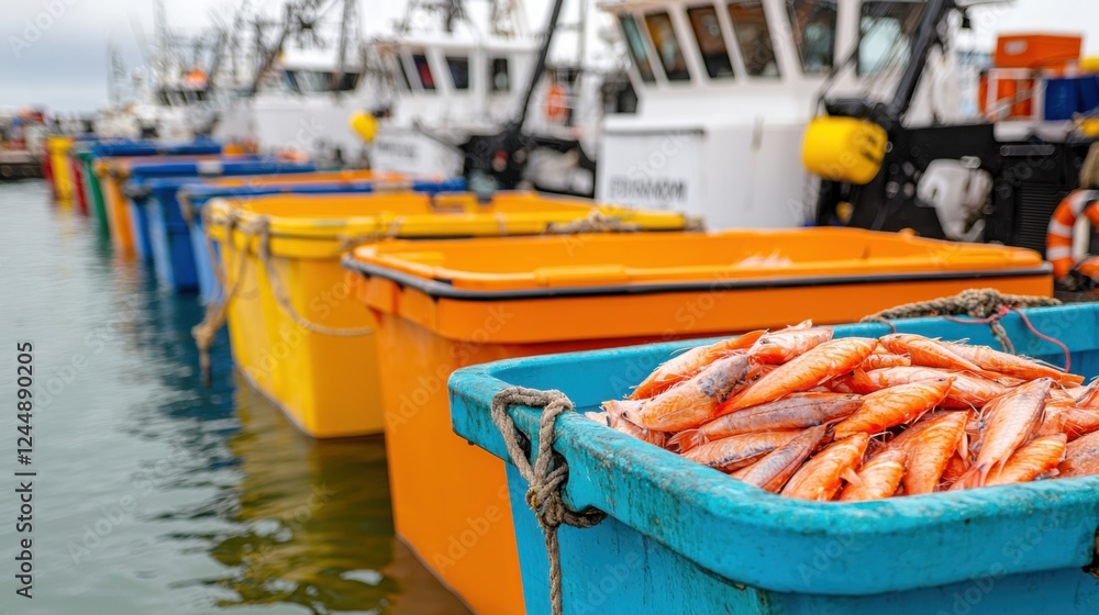 Fishing boats unloading their fresh seafood catch at a bustling dockside harbor scene Fishing boats unloading their fresh seafood catch at a bustling dockside harbor scene