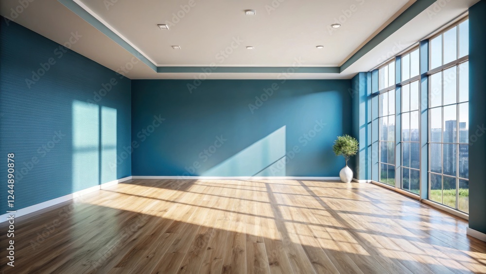Sunlit Empty Room with Teal Walls and Hardwood Floor Sunlit Empty Room with Teal Walls and Hardwood Floor