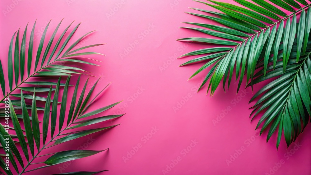 Fototapeta premium Vibrant Pink Background with Lush Green Palm Fronds Arranged Symmetrically