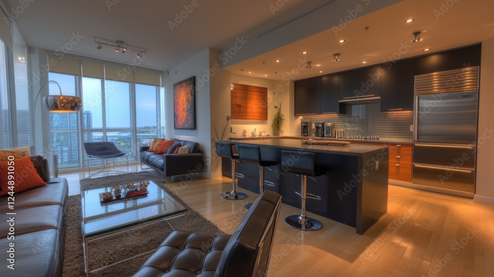 A modern open-concept living room leading to a kitchen, showcasing a seamless design with stylish bar stools and contemporary lighting fixtures, perfect for entertaining. A modern open-concept living room leading to a kitchen, showcasing a seamless design with stylish bar stools and contemporary lighting fixtures, perfect for entertaining.