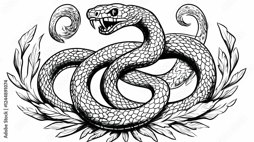 Fototapeta premium Intricate Illustration: Coiled Snake Amidst Stylized Foliage in Black and White