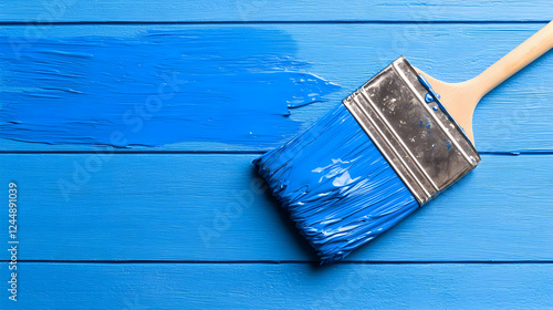 Blue paintbrush on wooden surface, DIY project