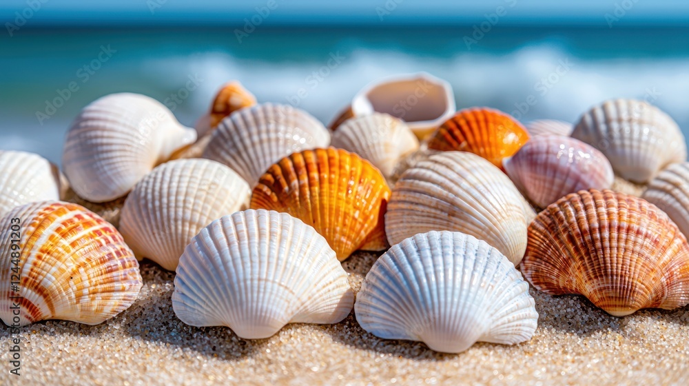 A collection of colorful seashells on a sandy beach with ocean waves in the background. A collection of colorful seashells on a sandy beach with ocean waves in the background.