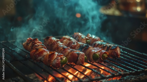 A mouthwatering image of bacon-wrapped jalapeo poppers on a grilling rack, sizzling over an open flame, highlighting their deliciousness and smoky aroma photo