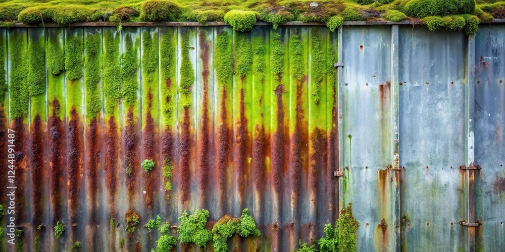 Obraz premium Rusty corrugated metal wall overgrown with vibrant green moss