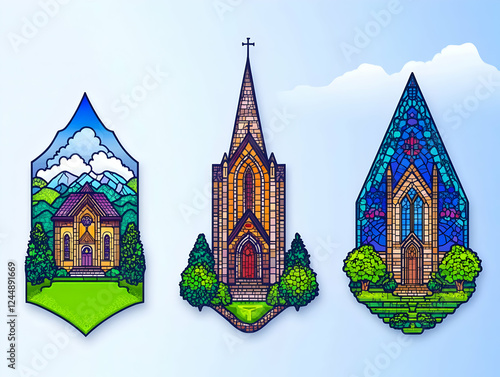 Three Colorful Church Illus...