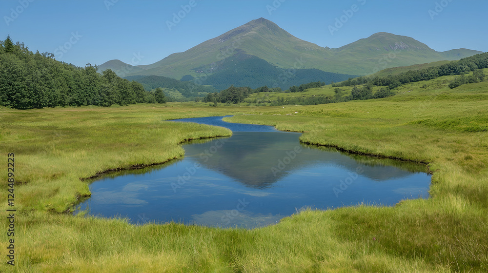 Scottish Highlands scenic vista tranquil loch reflecting mountains, ideal for travel brochures Scottish Highlands scenic vista tranquil loch reflecting mountains, ideal for travel brochures