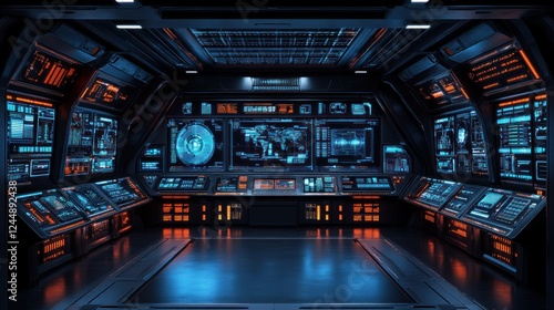 Fototapeta Naklejka Na Ścianę i Meble -  Futuristic spaceship bridge interior with glowing screens and consoles.