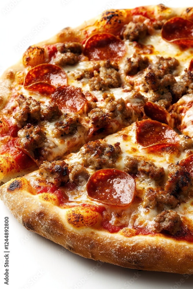 A close-up of a delicious pizza topped with pepperoni and sausage. A close-up of a delicious pizza topped with pepperoni and sausage.