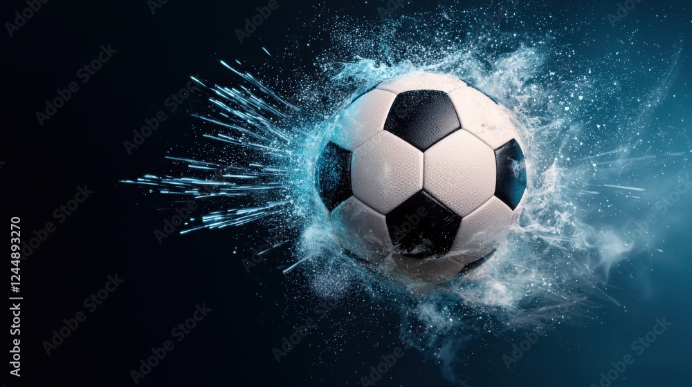 Fototapeta premium Explosive soccer ball smashing into the net with a dynamic holographic water splash effect in a sports stadium environment