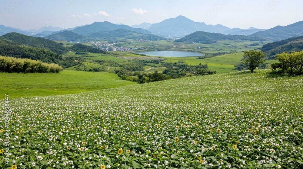 Rolling hills, sunflower field, lake, mountain view, summer landscape, scenic postcard Rolling hills, sunflower field, lake, mountain view, summer landscape, scenic postcard