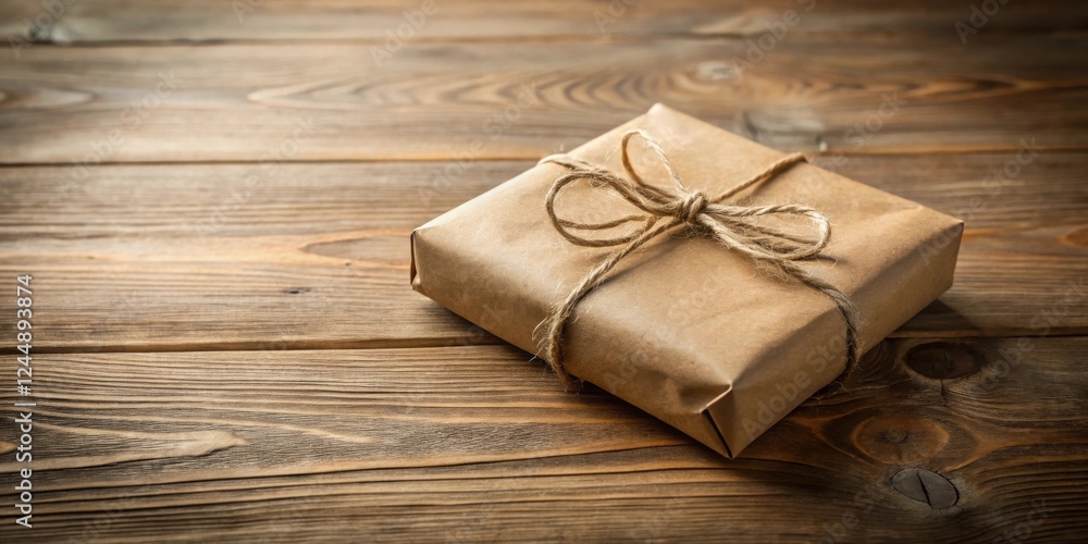 Rustic Wrapped Gift on Wooden Surface, Ready for Giving Rustic Wrapped Gift on Wooden Surface, Ready for Giving