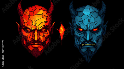 Dual Devil Faces Illustration: Geometric Red and Blue with Glowing Eyes on Dark Background photo