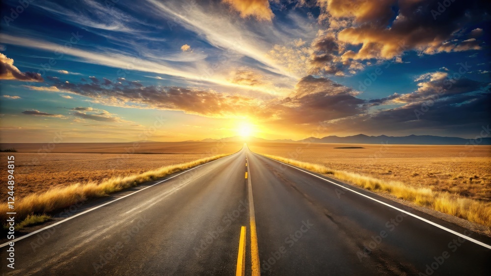 Asphalt Road Leading to a Vibrant Sunset Over a Flat, Grassy Plain Asphalt Road Leading to a Vibrant Sunset Over a Flat, Grassy Plain