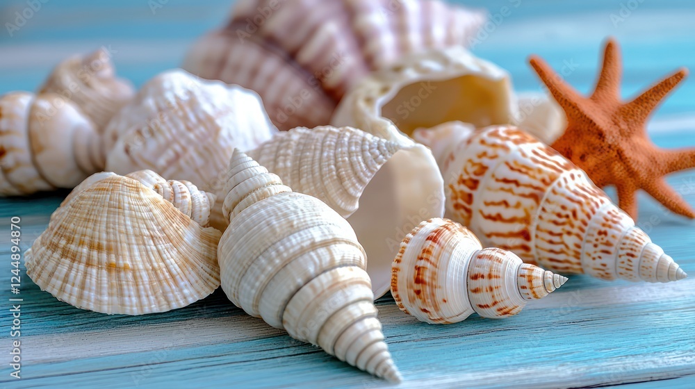 A collection of various seashells and a starfish arranged on a light wooden surface. A collection of various seashells and a starfish arranged on a light wooden surface.