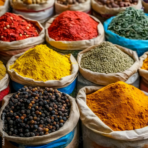 Colorful Spices Fill Sacks ...