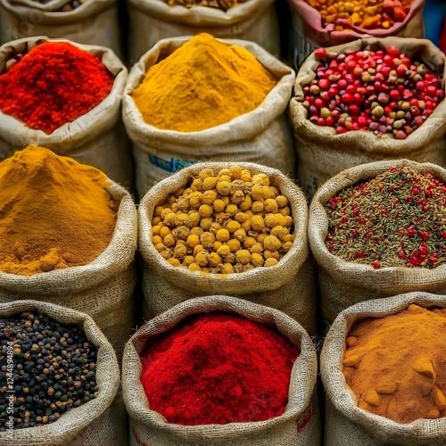 Colorful Spices Fill Burlap...