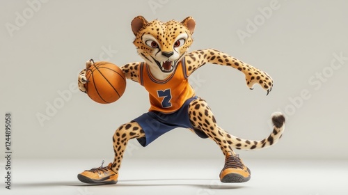 Cartoon cheetah dribbling a basketball in a sports jersey.