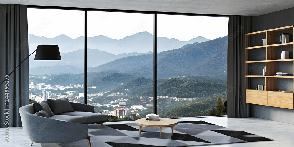 Fototapeta premium Modern Living Room Showcases Stunning Mountain View with Stylish Furniture and Bookshelf.