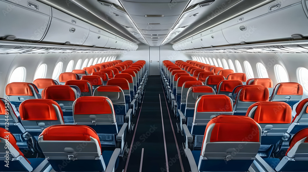 Fototapeta premium Empty Airplane Cabin Shows Rows of Red and Blue Seats and Overhead Compartments Ready for Passengers