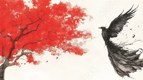 A dramatic illustration of a black bird in flight, soaring past a vibrant red tree.  A powerful contrast of dark and light.