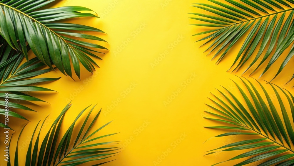 Vibrant Yellow Background with Lush Green Palm Fronds Arranged in a Corner Design Vibrant Yellow Background with Lush Green Palm Fronds Arranged in a Corner Design