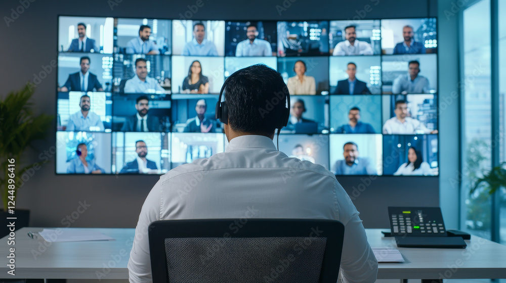 Virtual meeting with multiple participants displayed on large screen, showcasing diverse group of professionals engaged in discussion. atmosphere is focused and collaborative Virtual meeting with multiple participants displayed on large screen, showcasing diverse group of professionals engaged in discussion. atmosphere is focused and collaborative