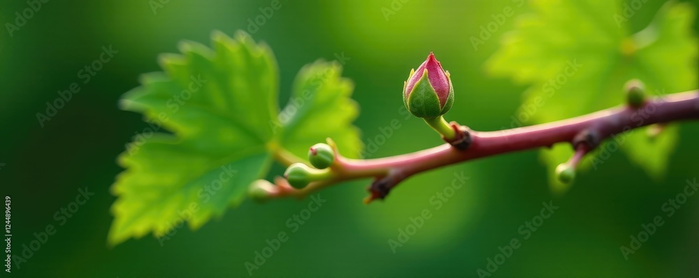 A single bud on a mature Cabernet Sauvignon vine branch with a few leaves emerging, grapes, green buds, cabernet sauvignon A single bud on a mature Cabernet Sauvignon vine branch with a few leaves emerging, grapes, green buds, cabernet sauvignon