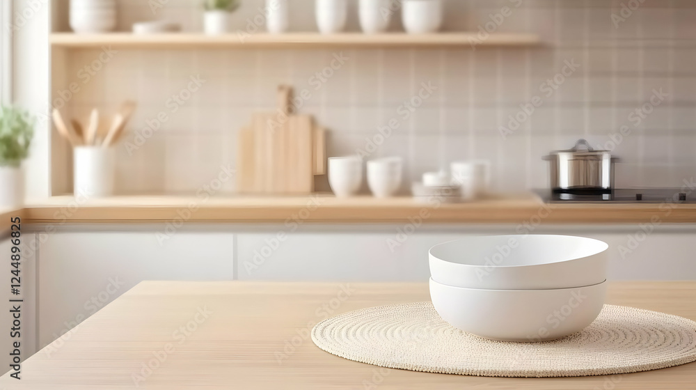 Two White Bowls Sit on a Placemat on a Wooden Table in a Modern Kitchen, Creating a Cozy and Inviting Atmosphere for Meals. Two White Bowls Sit on a Placemat on a Wooden Table in a Modern Kitchen, Creating a Cozy and Inviting Atmosphere for Meals.