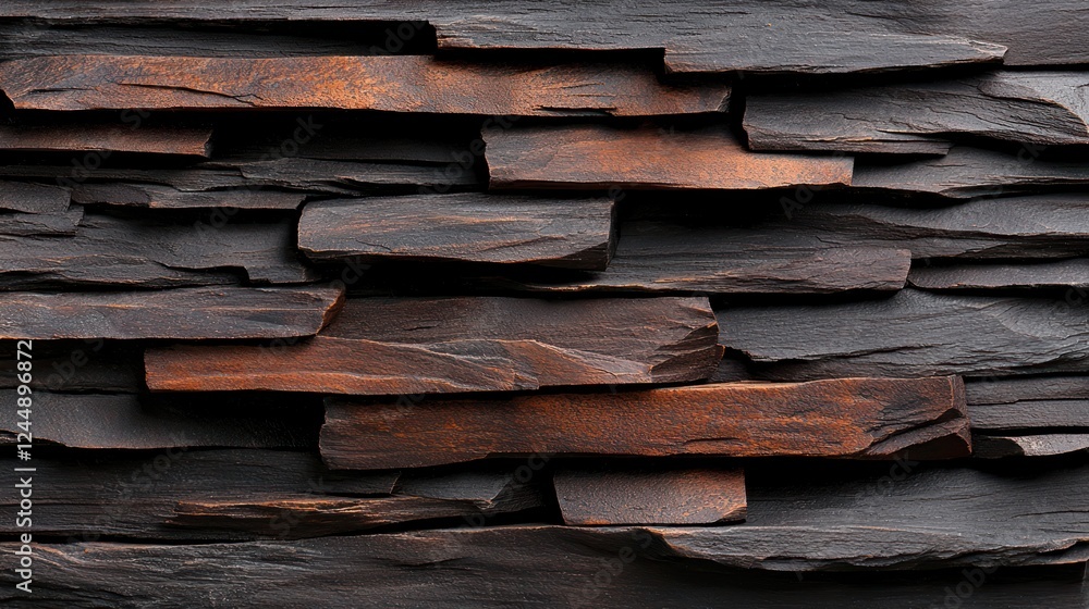 A textured stone wall featuring layered slate in dark tones with rust accents. A textured stone wall featuring layered slate in dark tones with rust accents.