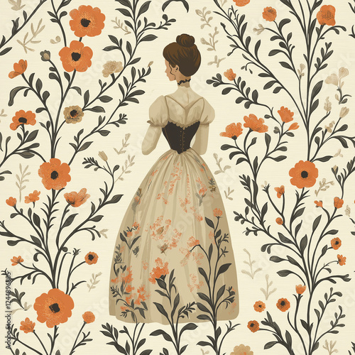 Elegant Jane Austen-inspired Victorian pattern design, classic floral motifs and intricate details in vintage style