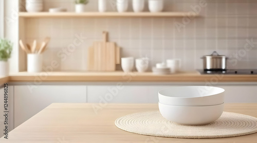 Wallpaper Mural Two White Bowls Sit on a Placemat on a Wooden Table in a Modern Kitchen, Creating a Cozy and Inviting Atmosphere for Meals. Torontodigital.ca