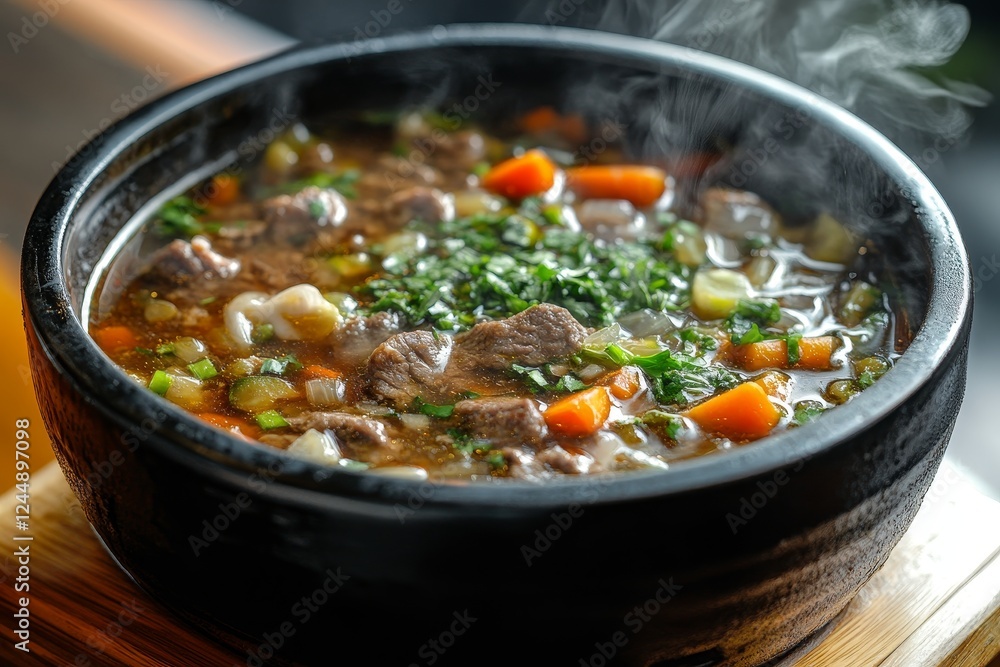 Steaming beef stew, vegetables, rustic bowl, wooden surface, restaurant food Steaming beef stew, vegetables, rustic bowl, wooden surface, restaurant food