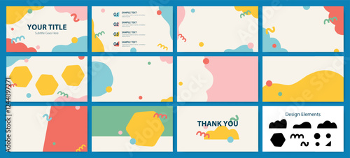 Set of 16:9 abstract background templates with playful organic shapes. Designed in soft pastel colors. Perfect for presentations and video projects.