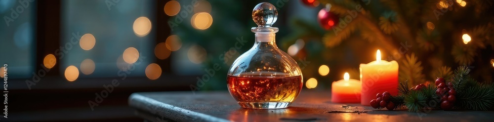 Crystal whisky decanter on a side table with Christmas decorations and candles, decorations, evening, decanter