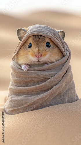 Cute desert rodent wrapped in fabric, sitting in sand dunes.