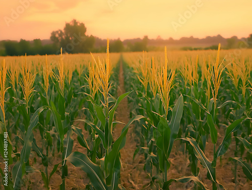 Cornfield glows at sunset, ...